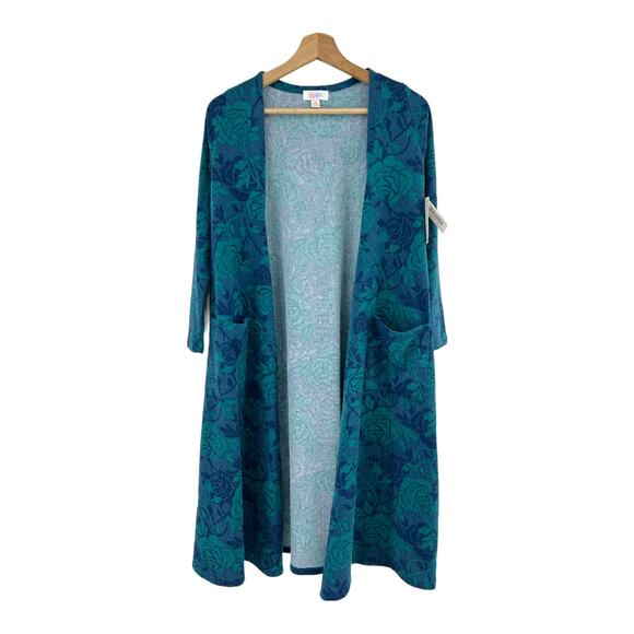 LulaRoe (XS) Sarah Blue Green Floral Terry Duster Cardigan Sweater w Pockets NWT - Picture 2 of 7